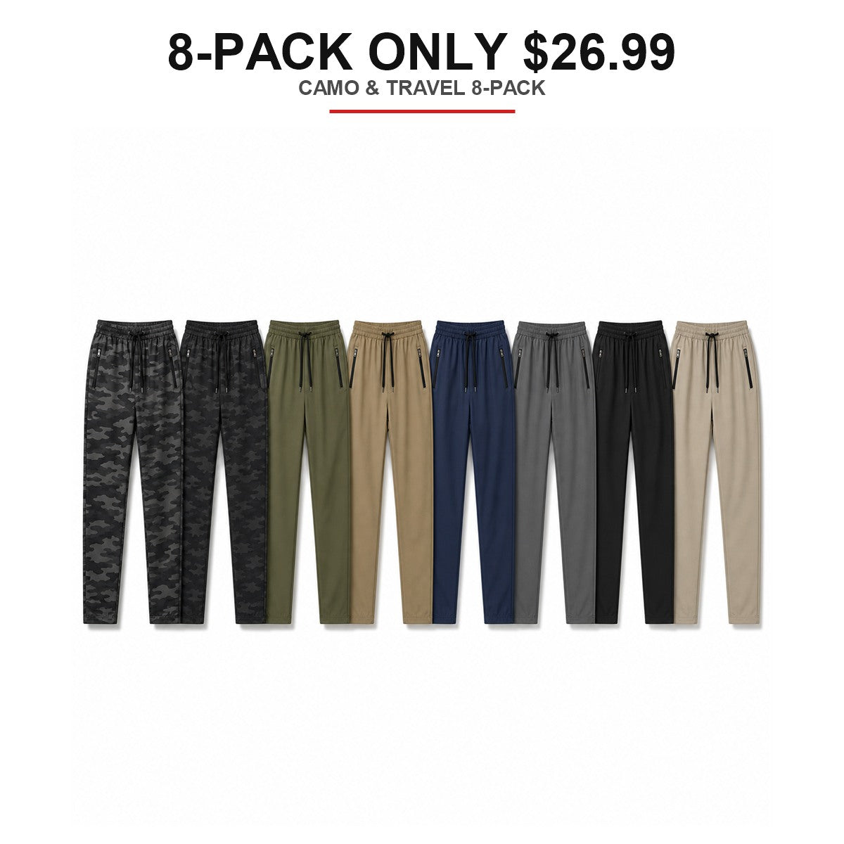 Men's Lightweight Hiking Jogger Pants 8-Pack Mixed Color Set - Quick Dry Elastic Waist Travel Pants