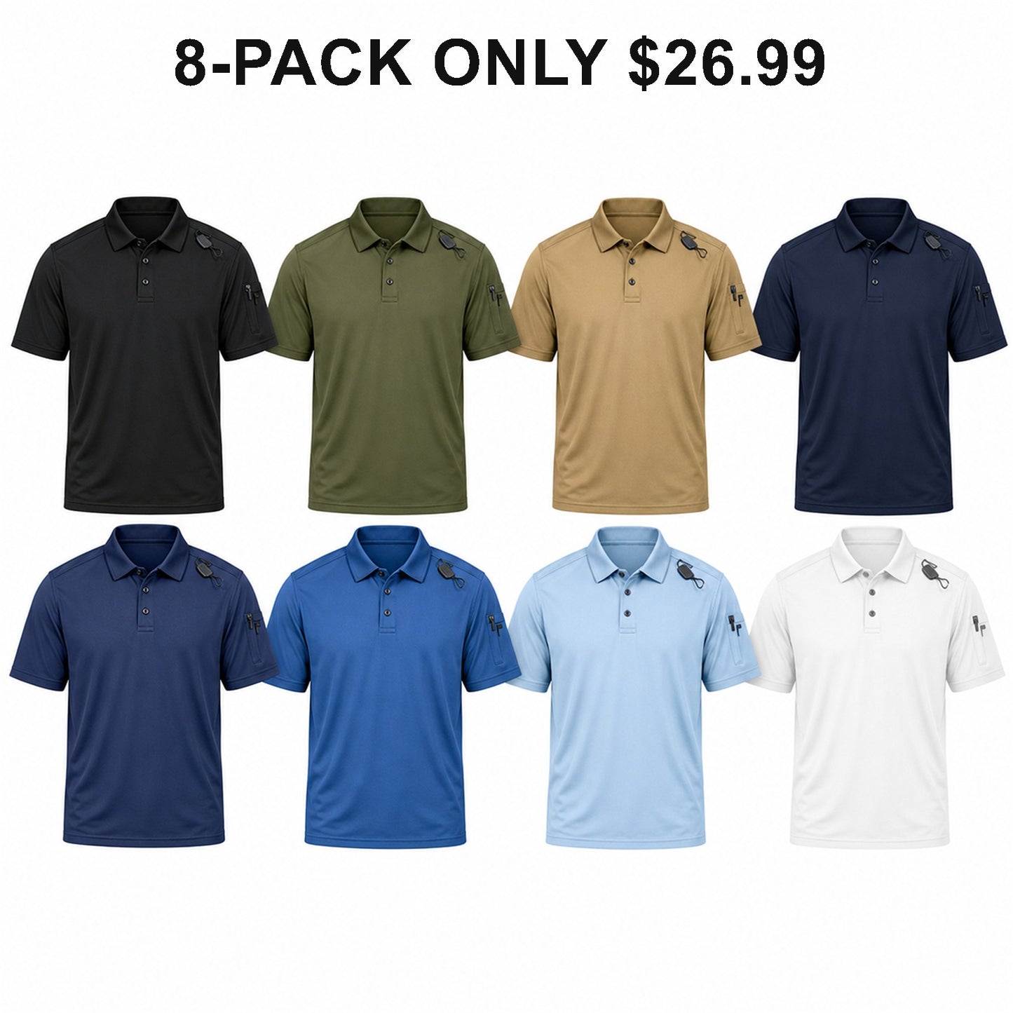 Men's Tactical Performance Polo Shirts 8-Pack Mixed Color Set - Moisture-Wicking Work & Outdoor Shirts