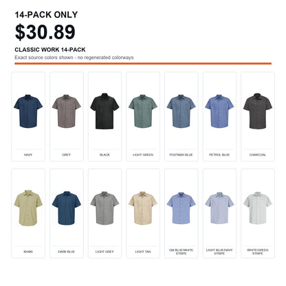 Men's Short Sleeve Industrial Work Shirts 7-Pack & 14-Pack Set - Stain Resistant Button Down Utility Shirts