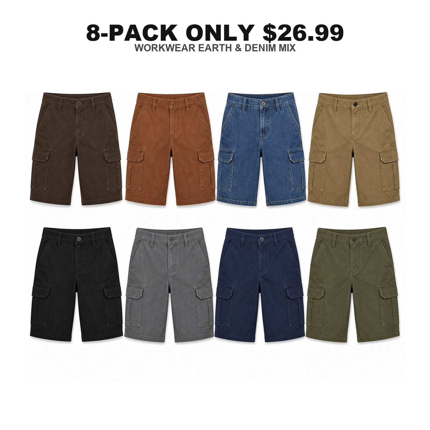 Men's Classic Cargo Stretch Shorts 8-Pack Mixed Color Set - 6-Pocket Utility Shorts
