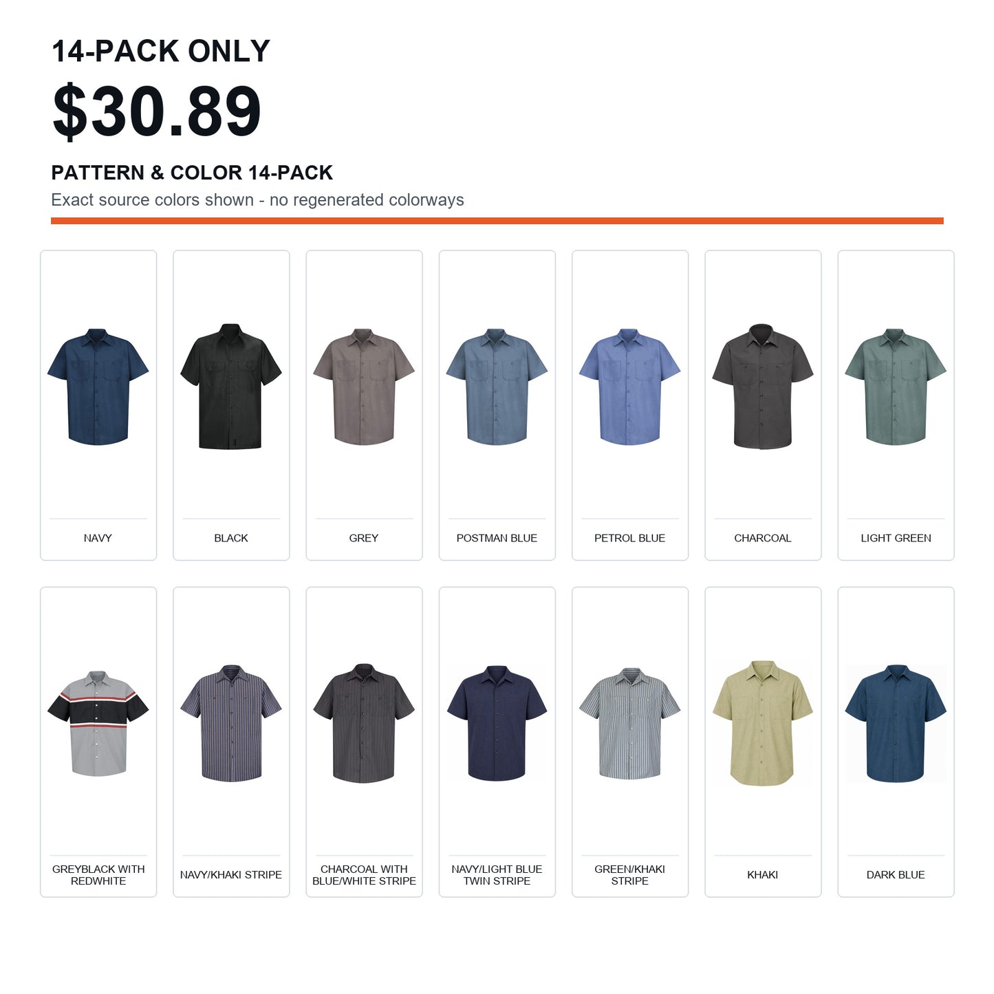 Men's Short Sleeve Industrial Work Shirts 7-Pack & 14-Pack Set - Stain Resistant Button Down Utility Shirts