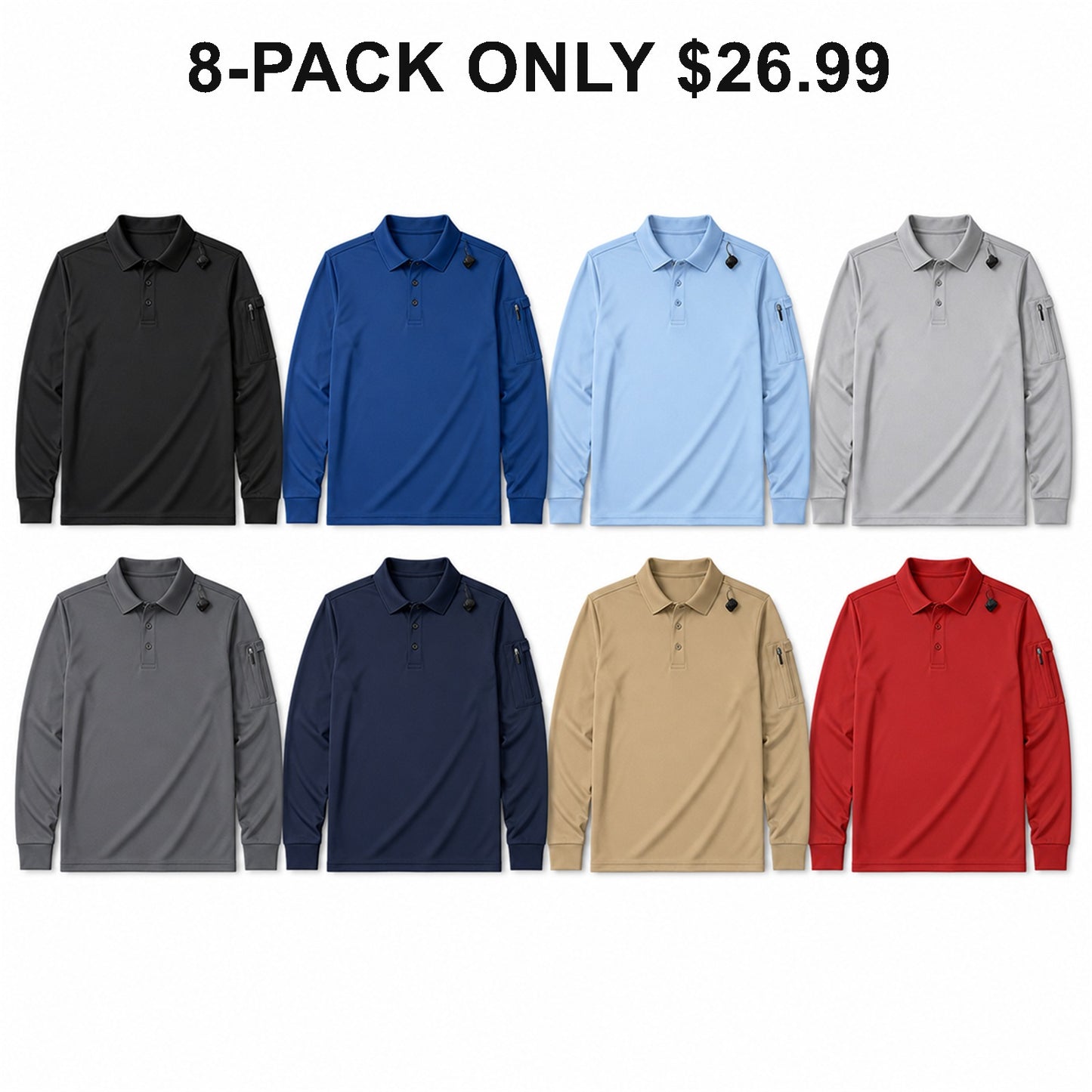 Men's Tactical Performance Polo Shirts 8-Pack Mixed Color Set - Moisture-Wicking Work & Outdoor Shirts
