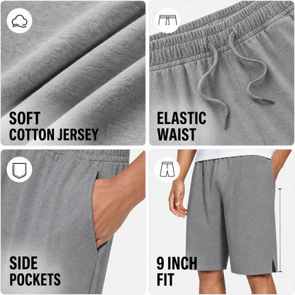 Men's Cotton Jersey Lounge Shorts 8-Pack Mixed Color Set - Lightweight 9 Inch Inseam Casual Active Shorts