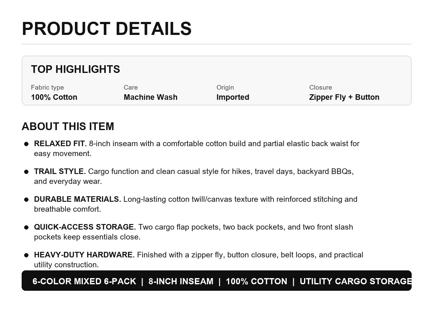 Men's Canvas Utility Hiker Shorts 6-Pack Mixed Color Set - 8-Inch Cotton Cargo Shorts