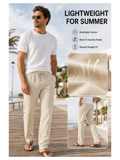 Men's Drawstring Linen Beach Pants 8-Pack All Color Set - Lightweight Summer Casual Trousers