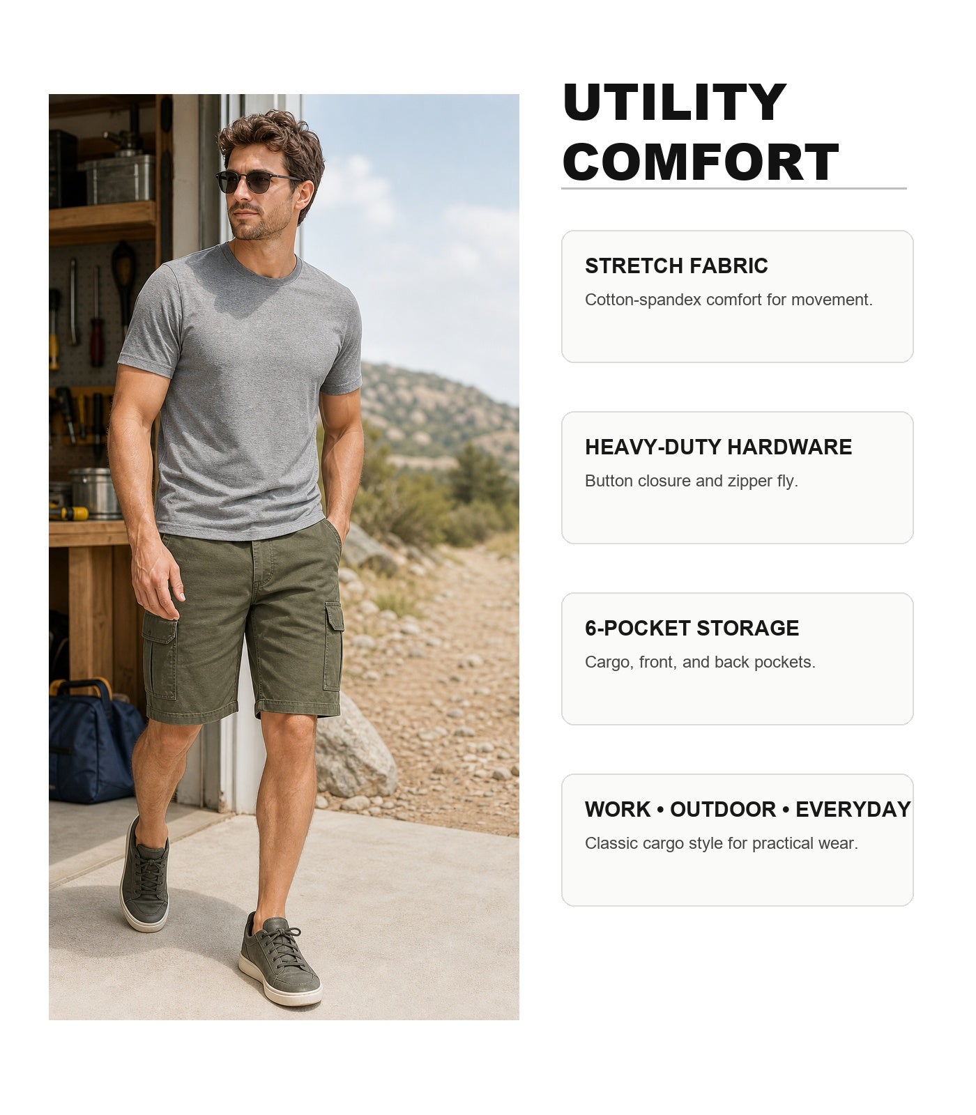 Men's Classic Cargo Stretch Shorts 8-Pack Mixed Color Set - 6-Pocket Utility Shorts