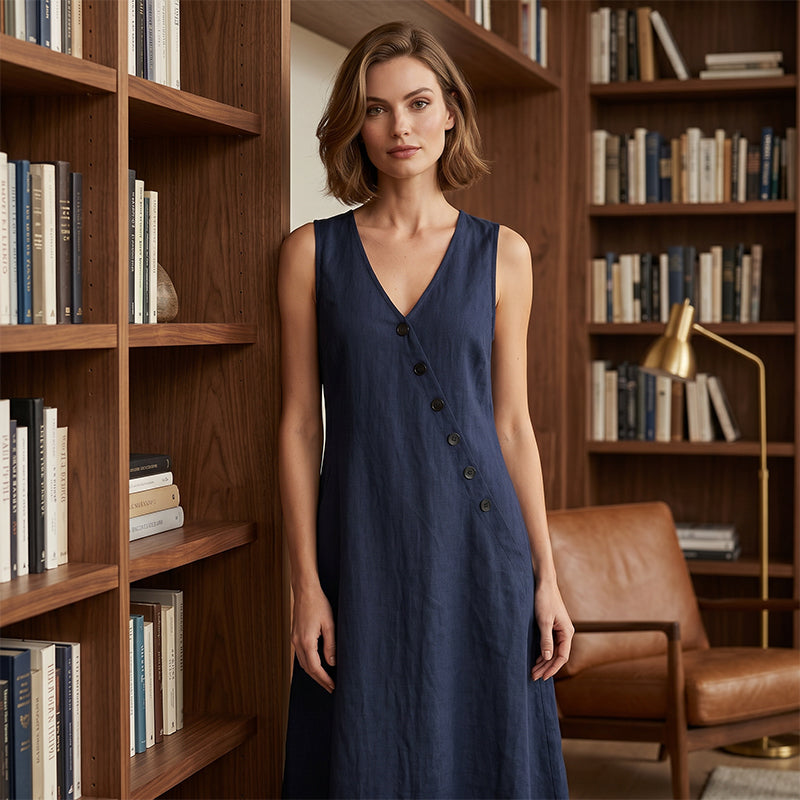 👗 50% DE RÉDUCTION! ✨ Robe Longue à Poches en Coton-Lin – Coupe Enveloppante, Boutons Asymétriques & Style Chic Pour Un Confort Élégant 🌸