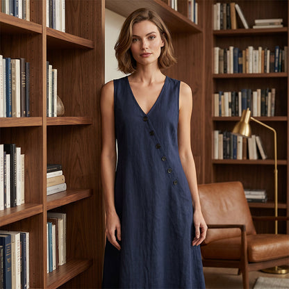 👗 50% DE RÉDUCTION! ✨ Robe Longue à Poches en Coton-Lin – Coupe Enveloppante, Boutons Asymétriques & Style Chic Pour Un Confort Élégant 🌸