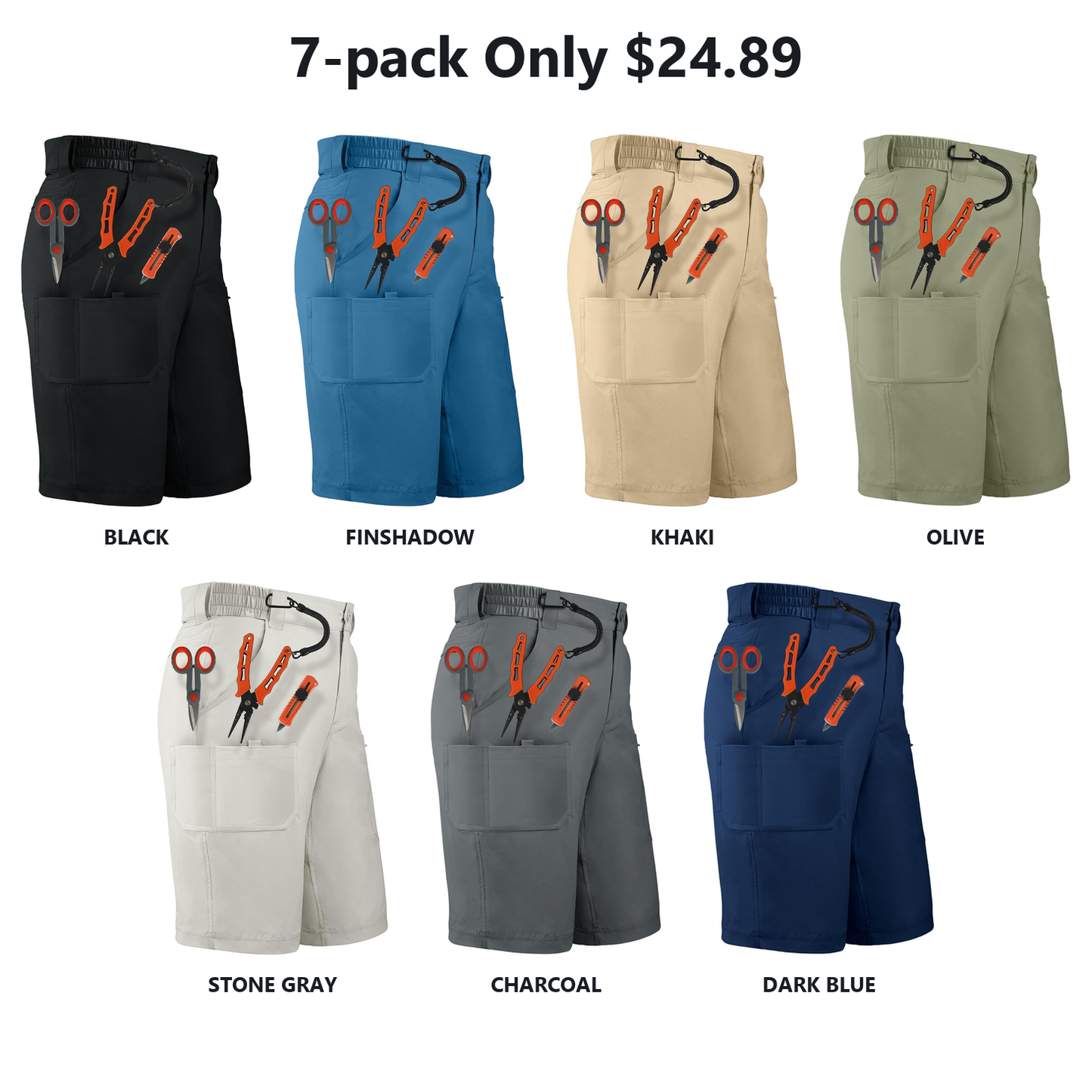 Men's Quick-Dry Fishing Cargo Shorts 7-Pack - 7-Pocket Water-Repellent Outdoor Shorts