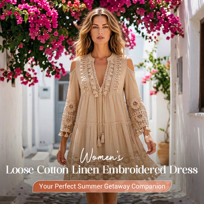 🥳SUMMER HOT SALE🥳💥50% OFF! 🔥Women's Loose Cotton Linen Embroidered Dress🌸👗