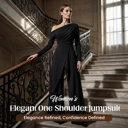👗Women's Elegant One-Shoulder Jumpsuit – Wide-Leg Flow, Wrap Skirt Detail & Premium Breathable Fabric for a Chic Look 💃