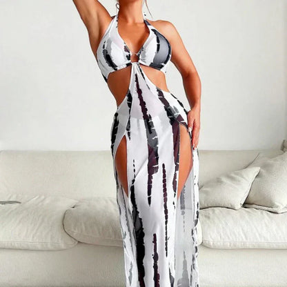 👙  50% OFF! ✨ Striped Two-Piece Swimsuit – Halter Neck Tie, Ring Detail, High Stretch 🌊