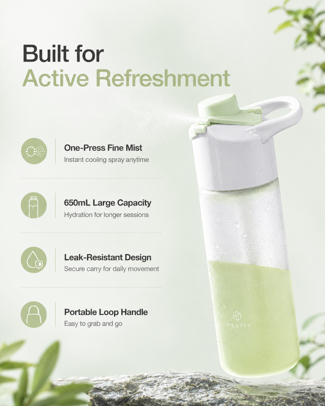 📢 40% OFF 💦 650mL Portable Outdoor Sports Spray Bottle – Fine Mist Spray, Leak-Resistant Design & Portable Carry Handle 🌿