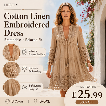🥳SUMMER HOT SALE🥳💥50% OFF! 🔥Women's Loose Cotton Linen Embroidered Dress🌸👗