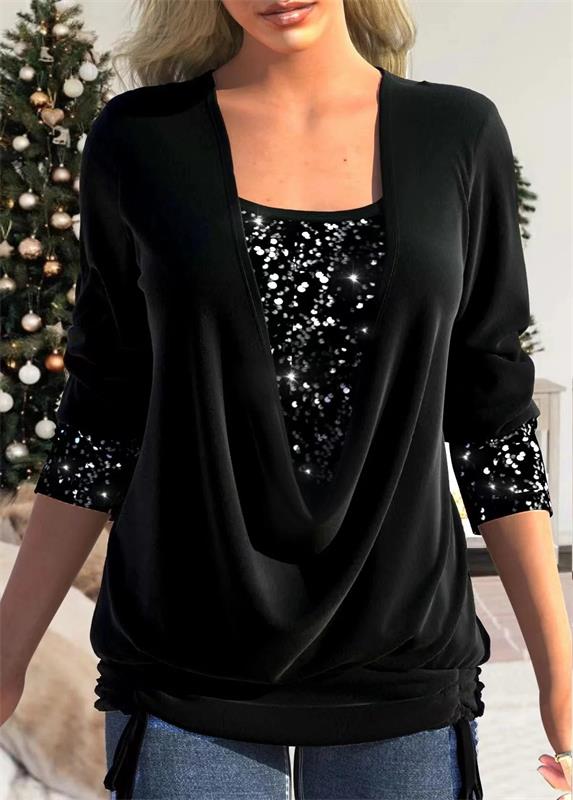✨👗Sequin Loose Smocked Fake Two-Piece Top Stylish and Versatile, Comfortable and Shapely, Exudes Elegant Feminine Charm!