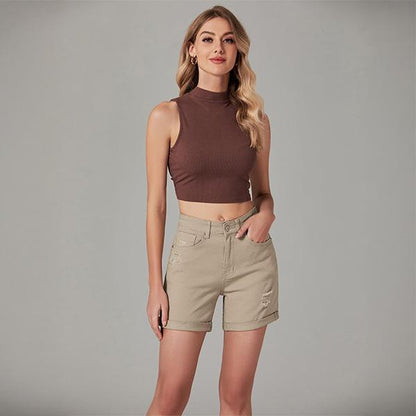 💖LAATSTE DAG UITVERKOOP 50% KORTING🩳Casual gescheurde denimshort voor dames, met hoge taille, verweerde look en omgeslagen zoom