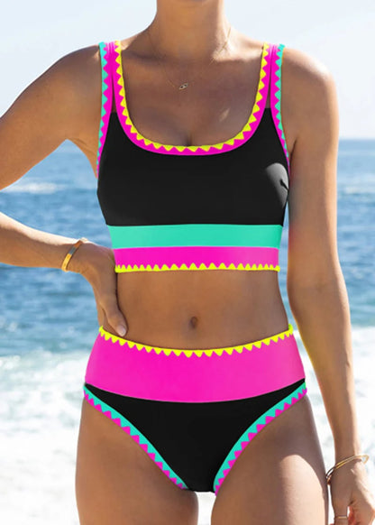 🌼Sportieve 3-delige bikiniset van nylon met kleurblokken en patchwork - Zwempak met hoge taille en buikcorrectie👙🌈