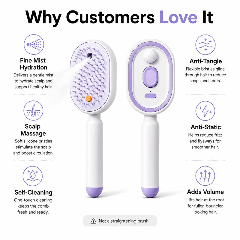 💖LAST DAY SALE 50% OFF💁‍♀️✨Electric Spray Air Cushion Massage Comb💨| Self-Cleaning Anti-Tangle ✨ | Perfect for Dry, Brittle Hair 💧🌟