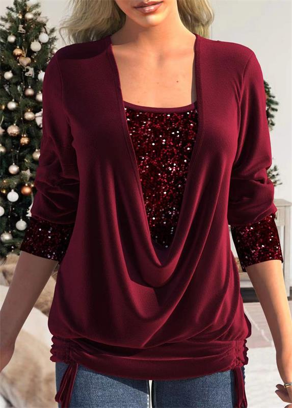 ✨👗Sequin Loose Smocked Fake Two-Piece Top Stylish and Versatile, Comfortable and Shapely, Exudes Elegant Feminine Charm!