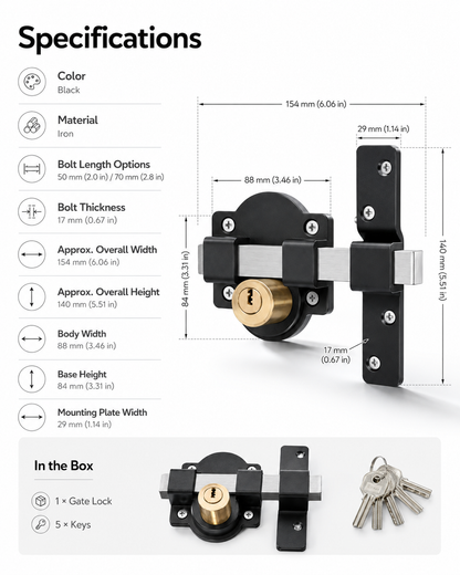 🔒 LIMITED-TIME 50% OFF! ✨ Heavy-Duty Long Throw Gate Lock – Dual-Sided Key, 5 Keys Included 🏡