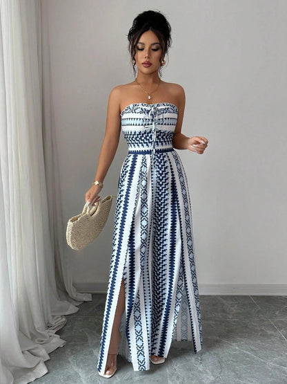👗💙Geometrische Jumpsuit met halterhals & zijsplit –  Perfect voor strand, kantoor & avond🔥✨