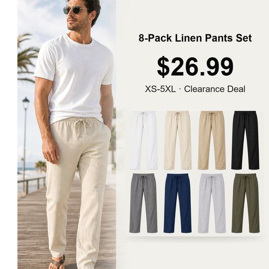 Men's Drawstring Linen Beach Pants 8-Pack All Color Set - Lightweight Summer Casual Trousers