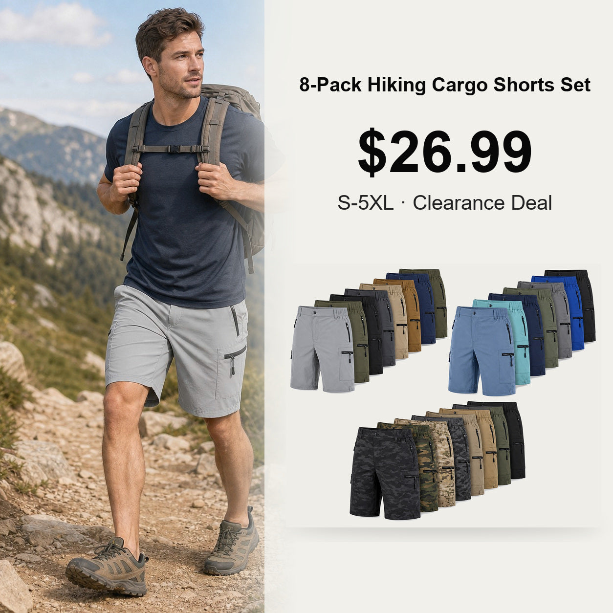 Men's Quick-Dry Hiking Cargo Shorts 8-Pack Mixed Color Set - Multi-Pocket Outdoor Shorts