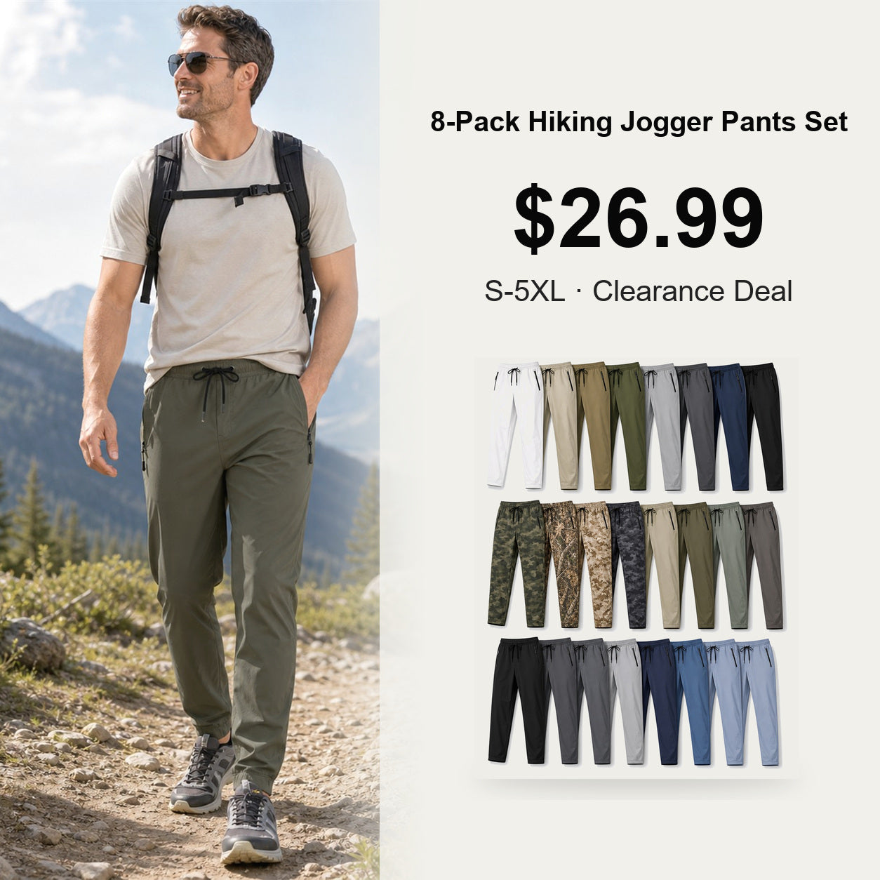 Men's Lightweight Hiking Jogger Pants 8-Pack Mixed Color Set - Quick Dry Elastic Waist Travel Pants