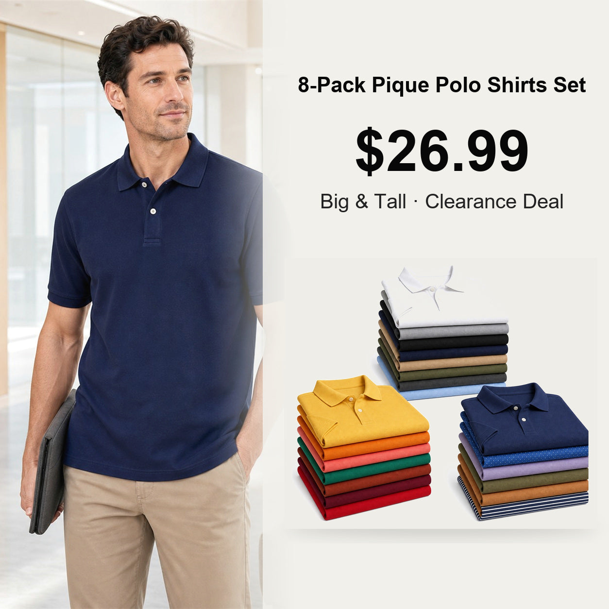 Men's Regular-Fit Cotton Pique Polo Shirts 8-Pack Mixed Color Set - Short Sleeve Big & Tall