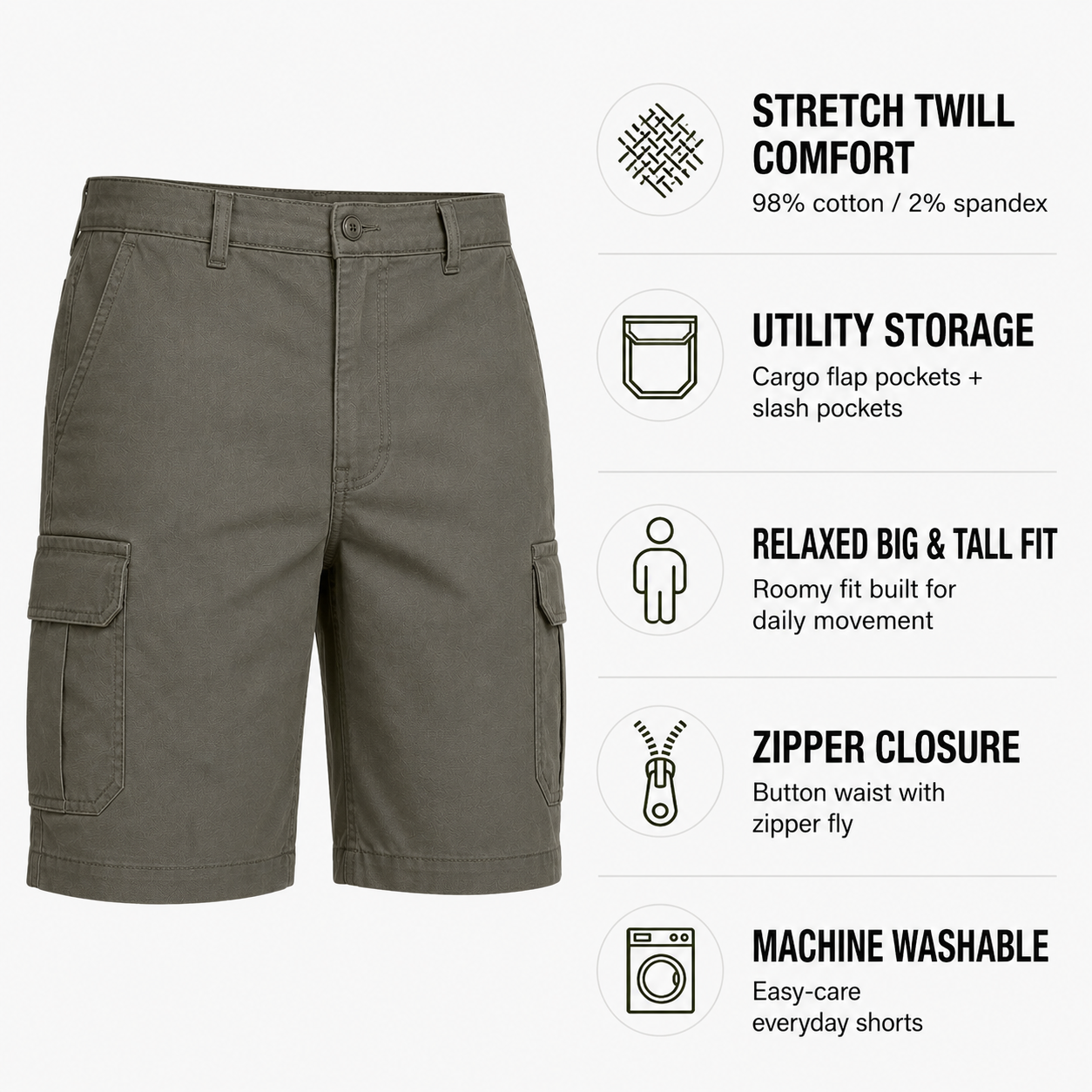 Men's Big & Tall Stretch Twill Cargo Shorts - 7-Pack Mixed Color Set - 9/10 Inch Inseam Utility Shorts
