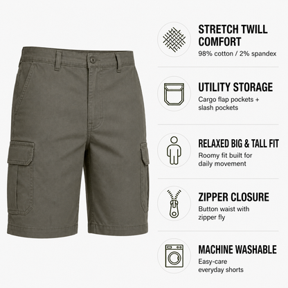 Men's Big & Tall Stretch Twill Cargo Shorts - 7-Pack Mixed Color Set - 9/10 Inch Inseam Utility Shorts