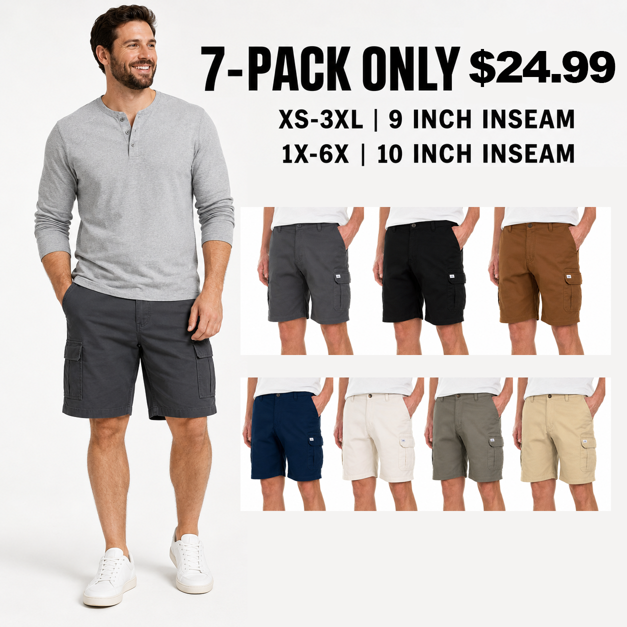 Men's Big & Tall Stretch Twill Cargo Shorts - 7-Pack Mixed Color Set - 9/10 Inch Inseam Utility Shorts