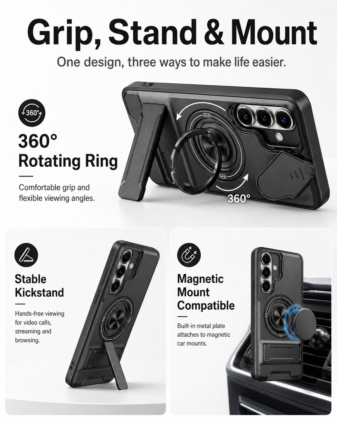 📢📢50% OFF !! ⏰Samsung Phone Cases-Heavy-Duty Case with Camera Cover & Ring Stand