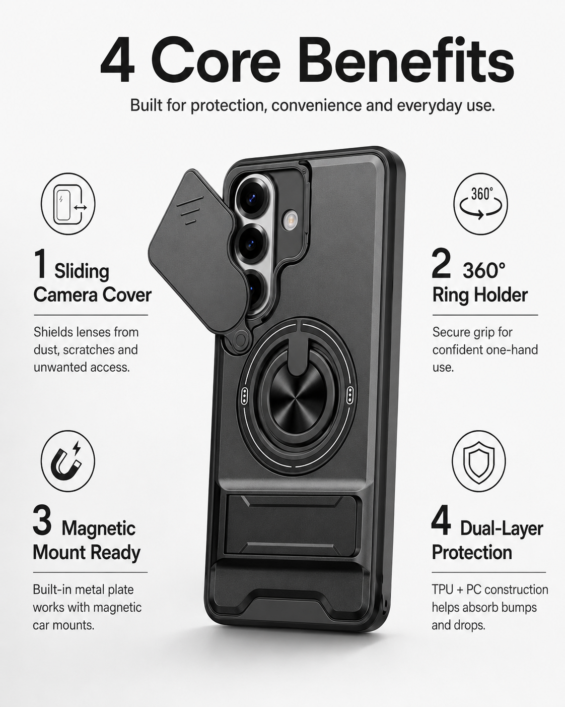 📢📢50% OFF !! ⏰Samsung Phone Cases-Heavy-Duty Case with Camera Cover & Ring Stand