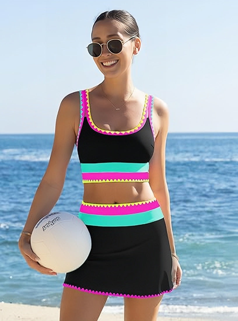 🌼Sportieve 3-delige bikiniset van nylon met kleurblokken en patchwork - Zwempak met hoge taille en buikcorrectie👙🌈