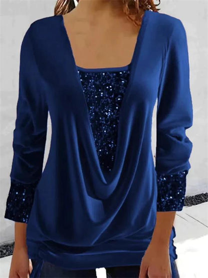 ✨👗Sequin Loose Smocked Fake Two-Piece Top Stylish and Versatile, Comfortable and Shapely, Exudes Elegant Feminine Charm!