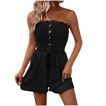 💜 LAST DAY PROMOTION - 50%OFF 💜 Women's Strapless Frill Trim Shirred Tie Front Wide Leg Tube Romper