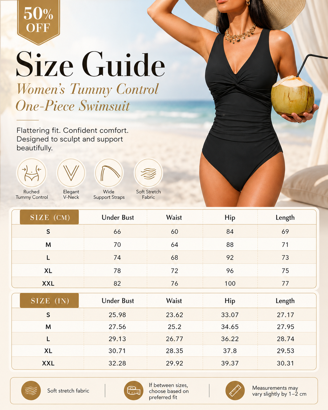 👙 Women’s Ruched Tummy Control Swimsuit – Supportive Wide Straps, Full Coverage & Beach-Ready Style
