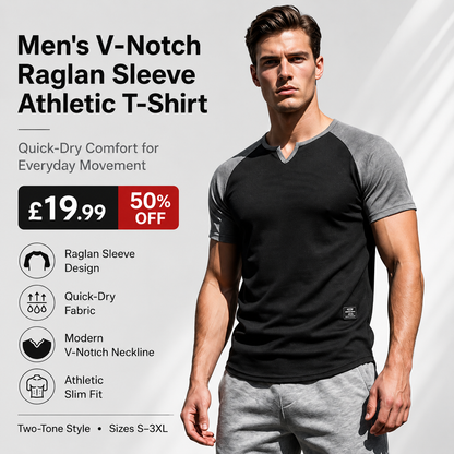 💪 50% OFF 👕 Men’s Two-Tone Athletic T-Shirt – V-Notch Collar, Raglan Sleeve Design & All-Day Comfort 🔥