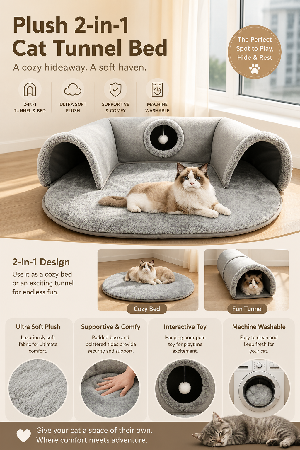 🐱 53% OFF NOW! 🛏️ Plush 2-in-1 Cat Tunnel Bed – Collapsible, scratch-resistant & cozy – combines hideaway tunnel with soft sleeping pad – perfect for play, rest & pouncing 🐾