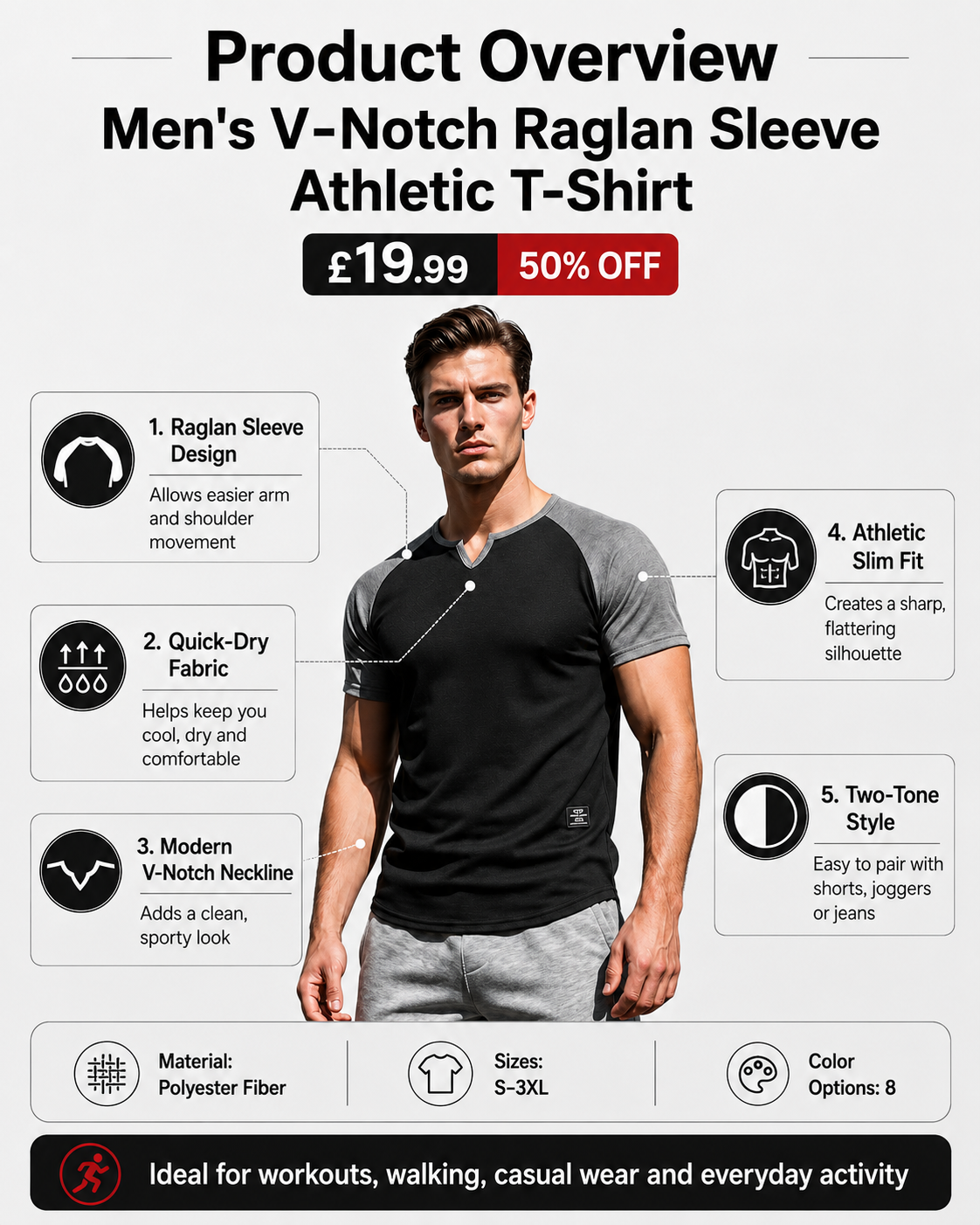 💪 50% OFF 👕 Men’s Two-Tone Athletic T-Shirt – V-Notch Collar, Raglan Sleeve Design & All-Day Comfort 🔥