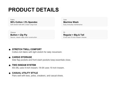 Men's Big & Tall Stretch Twill Cargo Shorts - 7-Pack Mixed Color Set - 9/10 Inch Inseam Utility Shorts