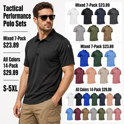 Men's Quick-Dry Tactical Performance Polo Shirts 7-Pack & 14-Pack Set - Short Sleeve Outdoor Work Shirts