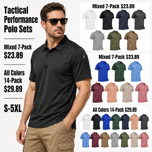 Men's Quick-Dry Tactical Performance Polo Shirts 7-Pack & 14-Pack Set - Short Sleeve Outdoor Work Shirts