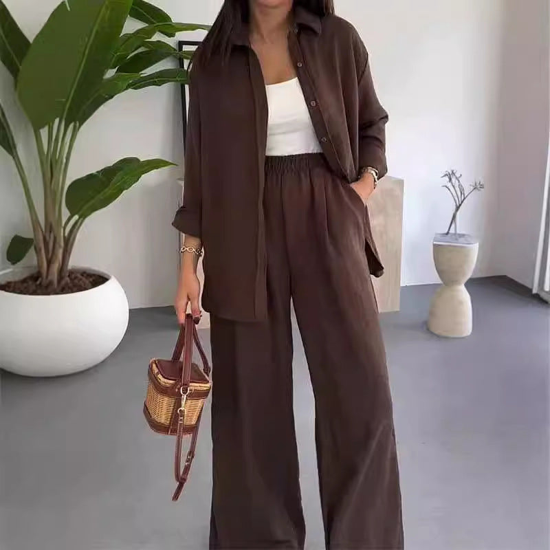 ⏳Limited-time 50% off⏰Womens Fashion Solid Color Loose Shirt Casual Wide Leg Trousers (2 Piece Set)👚👖