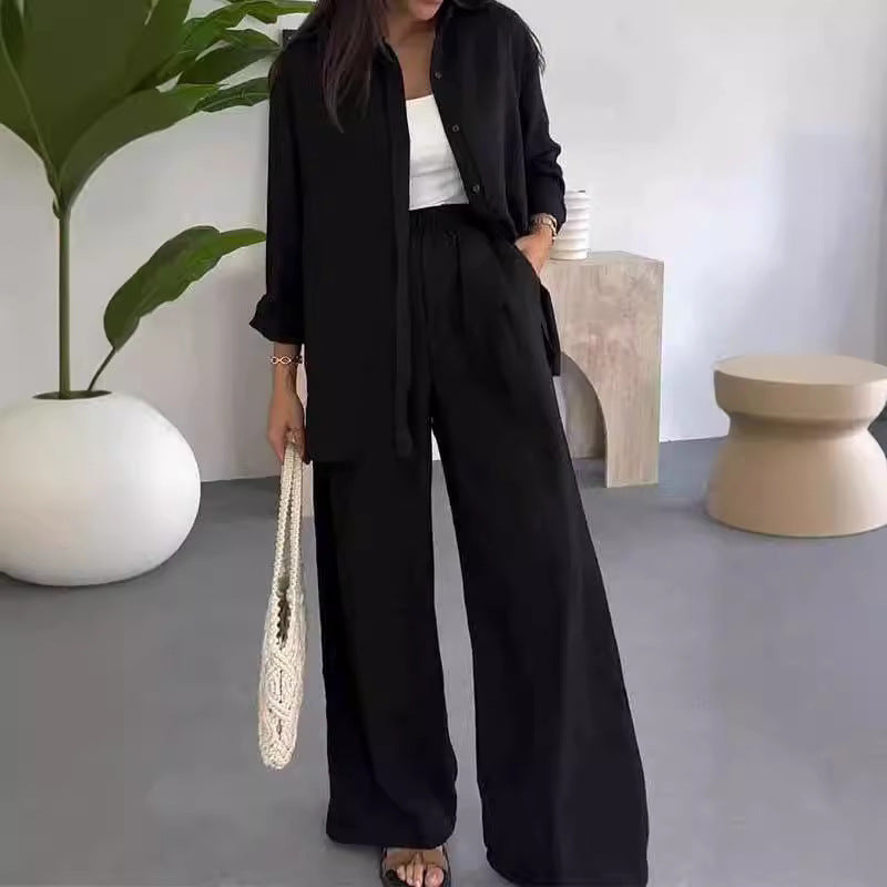 ⏳Limited-time 50% off⏰Womens Fashion Solid Color Loose Shirt Casual Wide Leg Trousers (2 Piece Set)👚👖