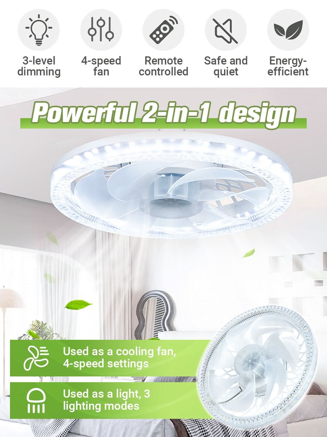 💡2-in-1 dimbare plafondventilatorlamp met afstandsbediening – stil, verstelbaar en ruimtebesparend