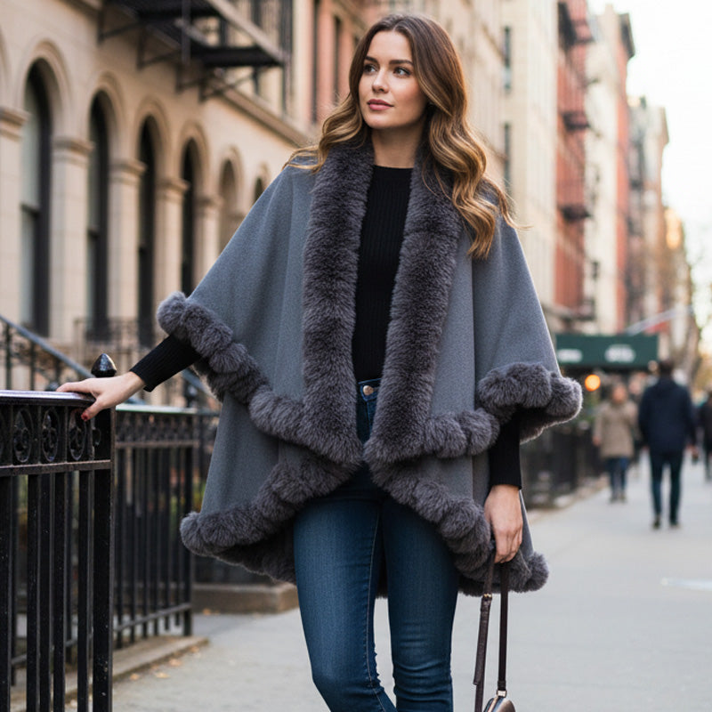 Women's Double-Layer Knit Shawl with Plush Trim