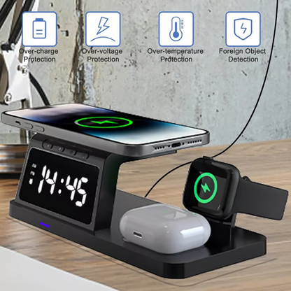 4-in-1 Snel Draadloos Oplaadstation met Klok