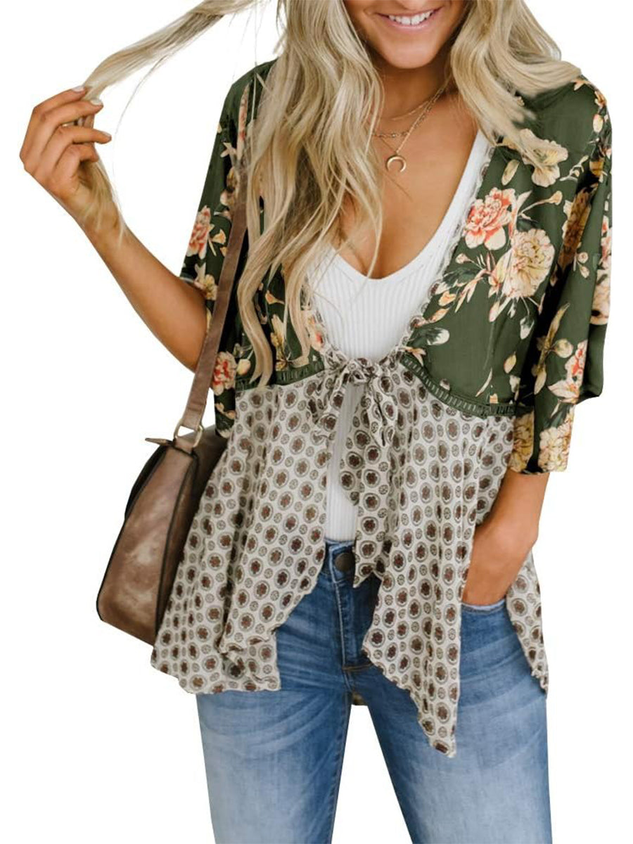 🔥Summer Hot Sale-50% Off!!✨Women's Floral Kimono Ruffle Sleeve Tie Cardigans Flowy Boho Loose Cover Ups